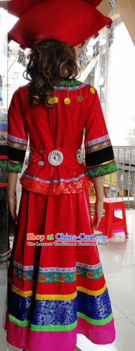 Chinese Traditional Ethnic Wedding Costume Miao Nationality Bride Red Embroidered Dress for Women