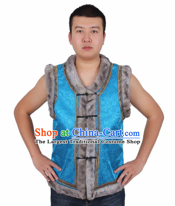 Chinese Traditional Ethnic Costumes Mongol Nationality Blue Brocade Waistcoat Vest for Men