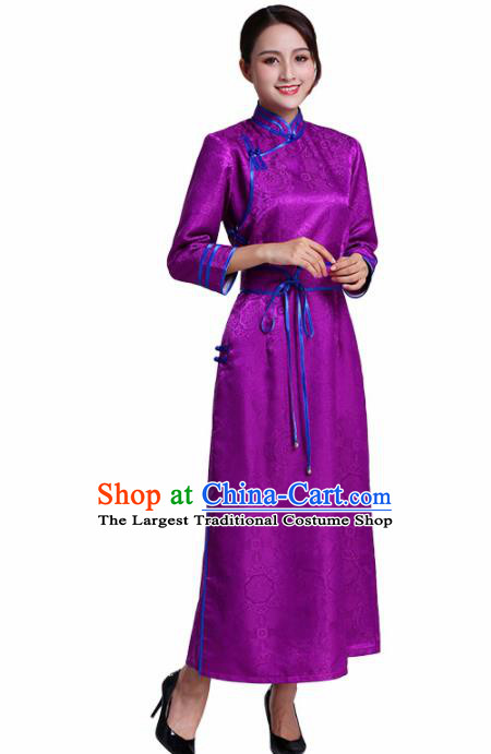 Chinese Traditional Mongolian Ethnic Costumes Mongol Nationality Purple Dress for Women