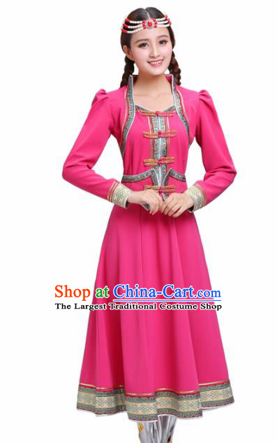 Chinese Traditional Mongolian Ethnic Rosy Dress Mongol Nationality Costumes for Women