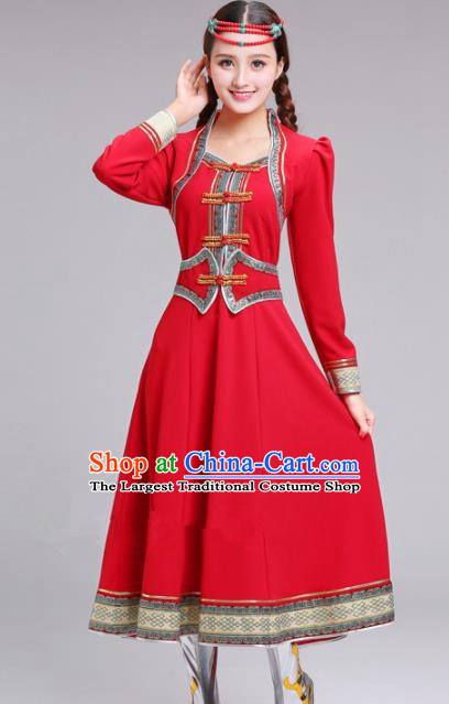Chinese Traditional Mongolian Ethnic Red Dress Mongol Nationality Costumes for Women