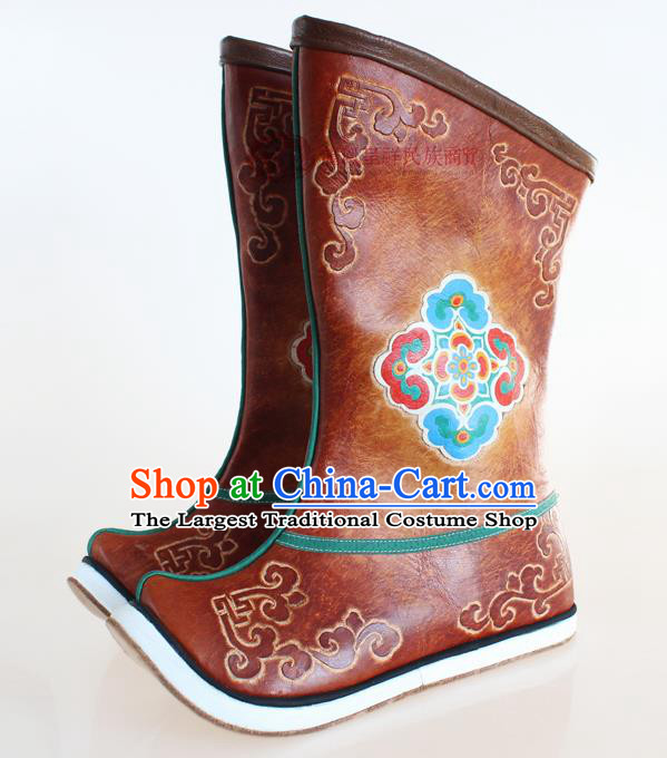Chinese Traditional Mongol Ethnic Boots Nationality Mongolian Brown Leather Boots for Men