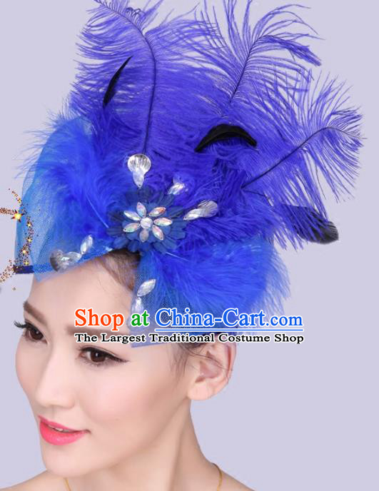 Chinese Traditional Yangko Dance Hair Claw National Folk Dance Royalblue Feather Bowknot Hair Accessories for Women