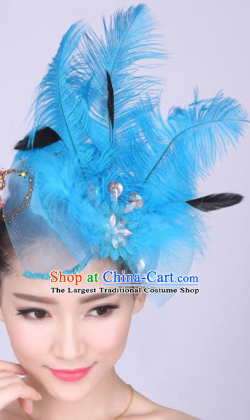 Chinese Traditional Yangko Dance Hair Claw National Folk Dance Blue Feather Bowknot Hair Accessories for Women
