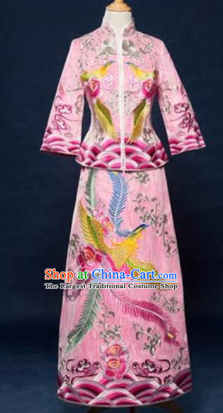 Traditional Chinese Embroidered Wedding Dress Ancient Bride Pink Xiu He Costume for Women