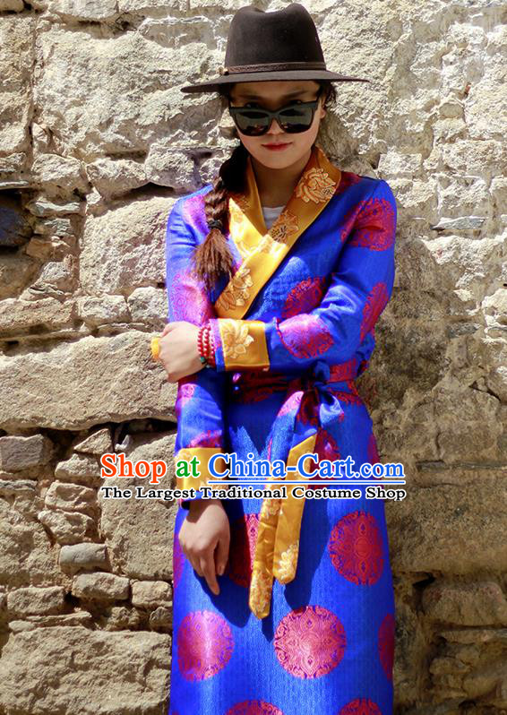 Chinese Traditional Tibetan Folk Dance Blue Dress Zang Nationality Ethnic Costume for Women