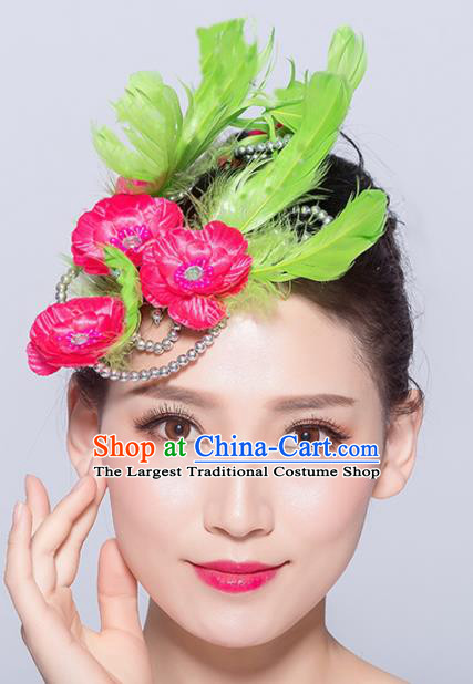 Chinese Traditional Folk Dance Hair Accessories Stage Performance Yangko Dance Green Feather Hair Stick for Women