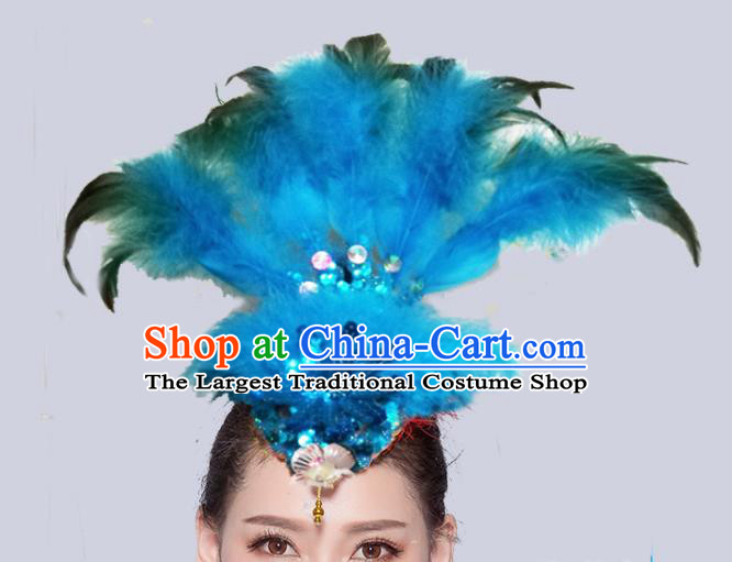 Chinese Traditional National Folk Dance Blue Feather Hair Stick Yangko Dance Hair Accessories for Women