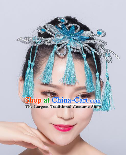 Chinese Traditional Yangko Dance Blue Flower Tassel Hair Stick National Folk Dance Hair Accessories for Women