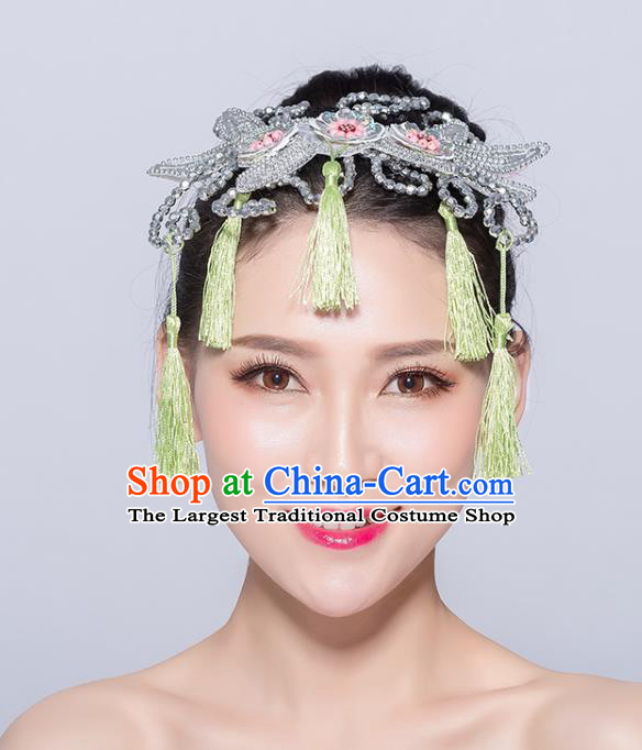 Chinese Traditional Yangko Dance Light Green Tassel Hair Stick National Folk Dance Hair Accessories for Women