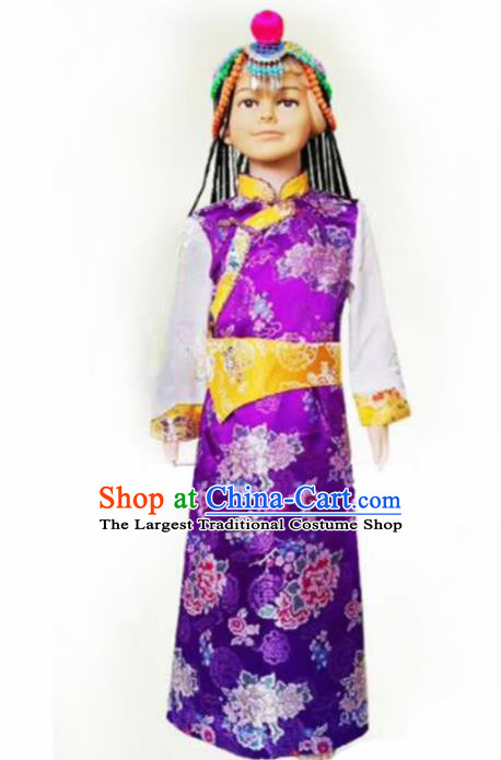 Chinese Traditional Tibetan Girls Kham Purple Dress Zang Nationality Heishui Dance Ethnic Costumes for Kids