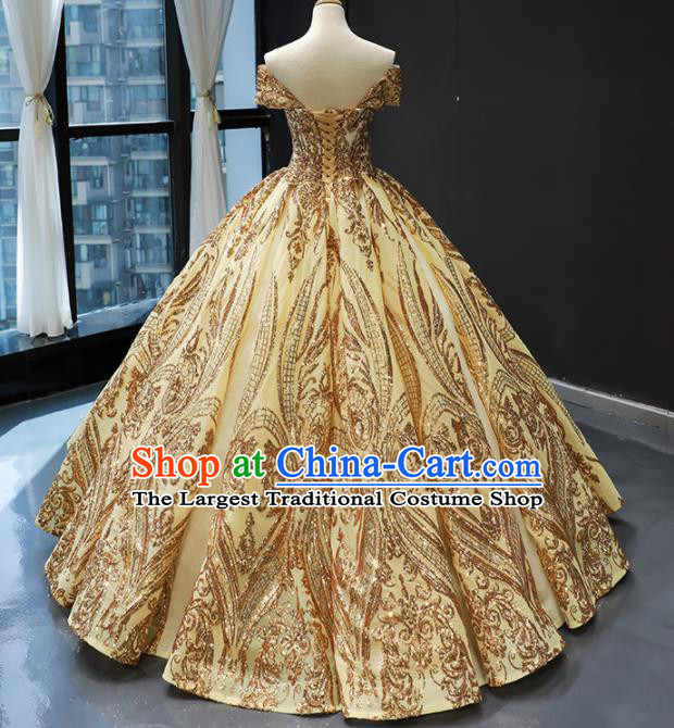 Top Grade Compere Golden Full Dress Princess Embroidered Wedding Dress Costume for Women