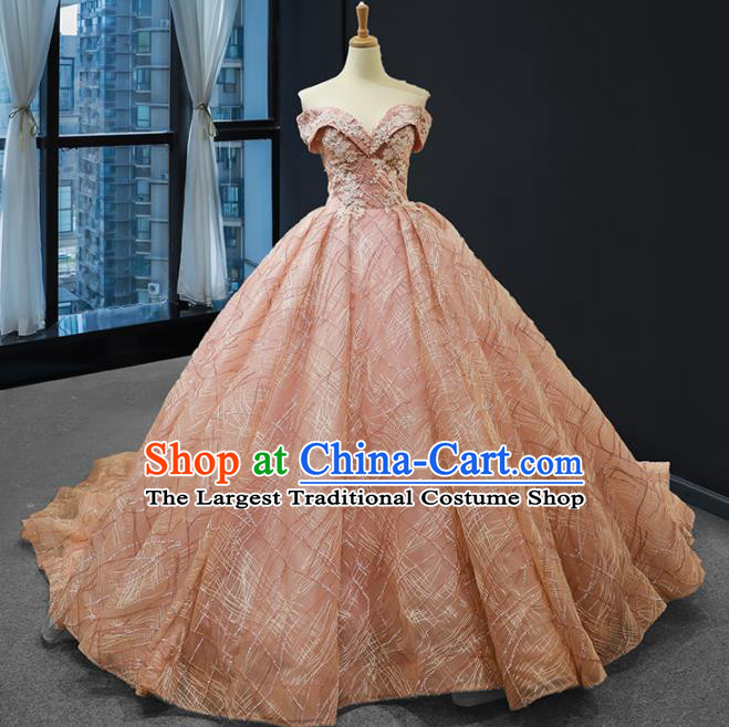 Top Grade Compere Pink Flat Shouders Full Dress Princess Wedding Dress Costume for Women