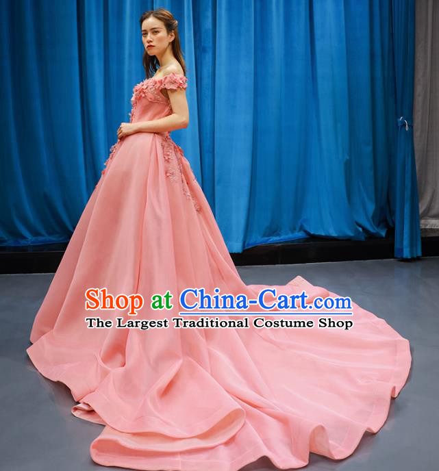 Top Grade Compere Full Dress Princess Pink Veil Trailing Wedding Dress Costume for Women