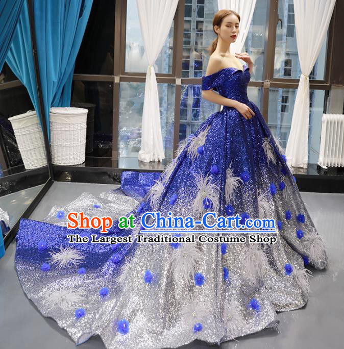 Top Grade Compere Royalblue Trailing Full Dress Princess Bubble Wedding Dress Costume for Women