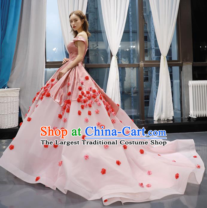 Top Grade Compere Pink Veil Trailing Full Dress Princess Bubble Wedding Dress Costume for Women