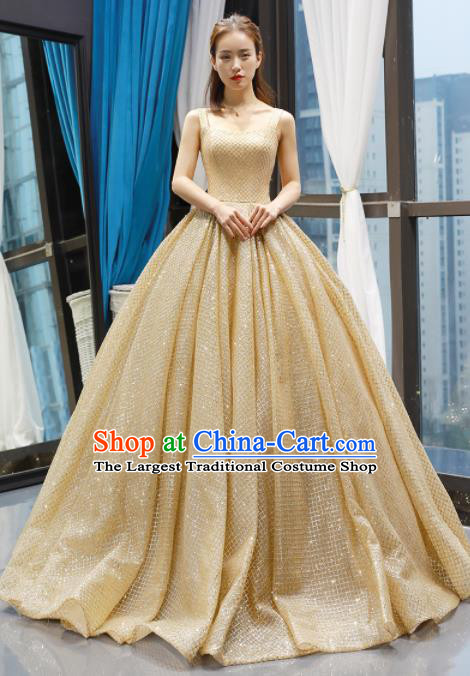Top Grade Compere Golden Bubble Full Dress Princess Trailing Wedding Dress Costume for Women
