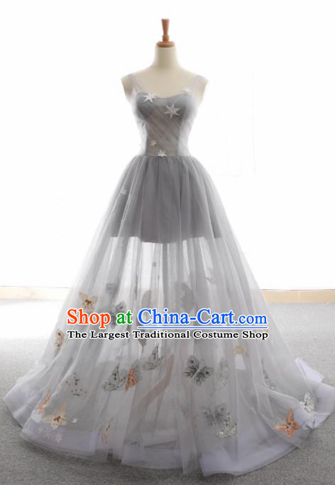 Top Grade Compere Butterfly Full Dress Princess Grey Veil Wedding Dress Costume for Women