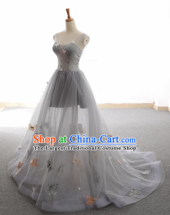 Top Grade Compere Butterfly Full Dress Princess Grey Veil Wedding Dress Costume for Women