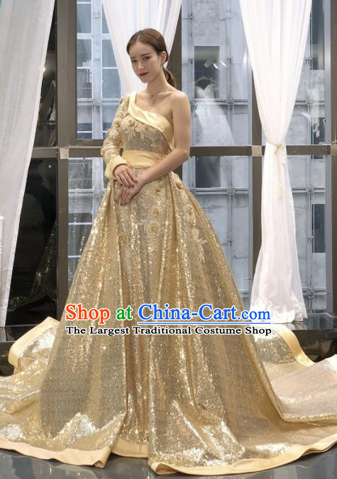 Top Grade Compere Trailing Full Dress Princess Golden Wedding Dress Costume for Women