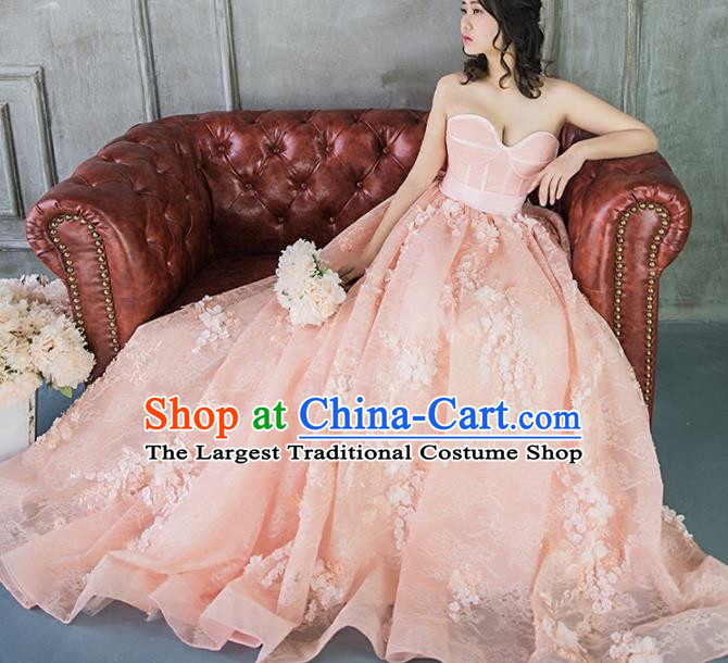 Top Grade Compere Pink Veil Bubble Full Dress Princess Embroidered Wedding Dress Costume for Women