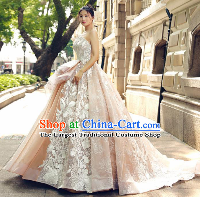 Top Grade Compere Champagne Veil Trailing Full Dress Princess Embroidered Wedding Dress Costume for Women
