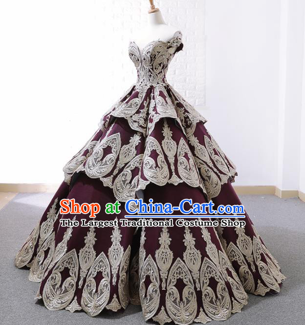 Top Grade Compere Purple Bubble Full Dress Princess Embroidered Wedding Dress Costume for Women