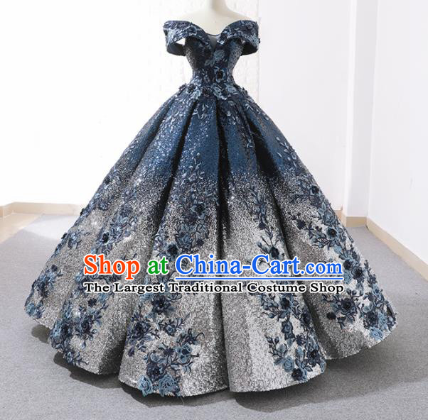 Top Grade Compere Embroidered Royalblue Paillette Full Dress Princess Bubble Wedding Dress Costume for Women
