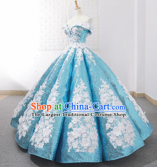 Top Grade Compere Blue Paillette Full Dress Princess Embroidered Bubble Wedding Dress Costume for Women