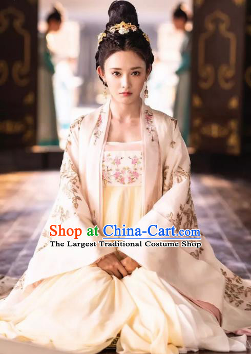 Traditional Chinese Tang Dynasty Princess Consort Hanfu Dress Ancient Drama Queen Embroidered Costume and Headpiece Complete Set