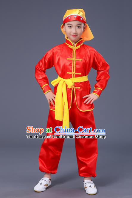 Chnese Traditional Folk Dance Costume Martial Arts Kung Fu Red Clothing for Kids