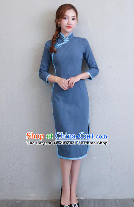 Asian Chinese Traditional Cheongsam Classical Tang Suit Navy Qipao Dress for Women