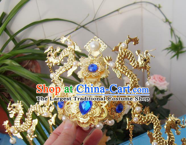 Chinese Traditional Goddess Hair Accessories Ancient Golden Dragons Tassel Phoenix Coronet for Women