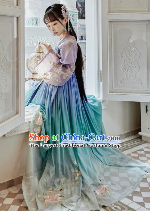 Chinese Traditional Tang Dynasty Court Princess Blue Hanfu Dress Ancient Peri Embroidered Costume for Women