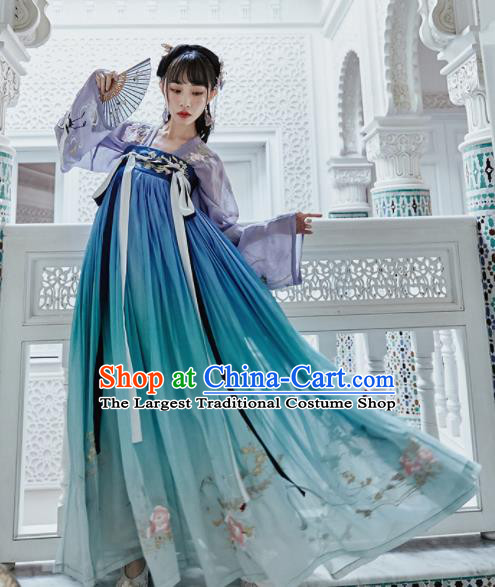 Chinese Traditional Tang Dynasty Court Princess Blue Hanfu Dress Ancient Peri Embroidered Costume for Women