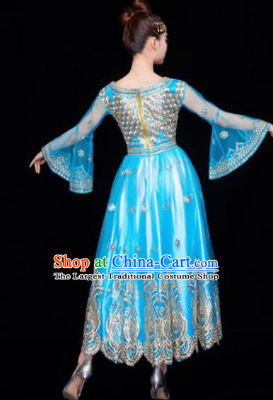 Chinese Traditional Ethnic Folk Dance Blue Dress Uyghur Nationality Dance Costume for Women
