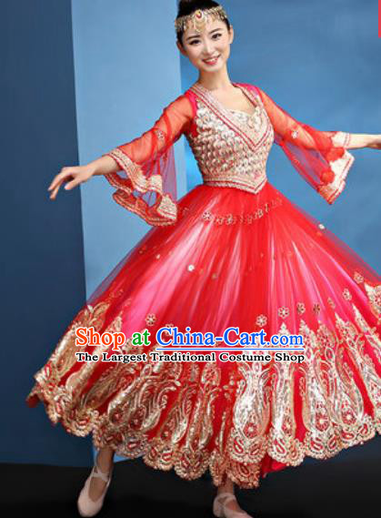 Chinese Traditional Ethnic Folk Dance Red Dress Uyghur Nationality Dance Costume for Women