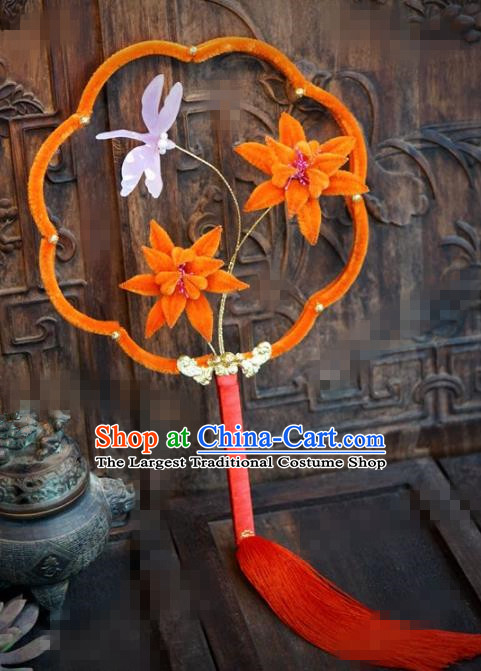 Chinese Traditional Palace Fans Ancient Queen Orange Velvet Lotus Round Fans for Women