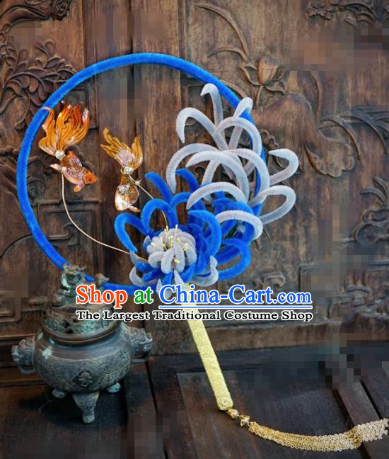Chinese Traditional Wedding Palace Fans Ancient Queen Blue Velvet Chrysanthemum Round Fans for Women