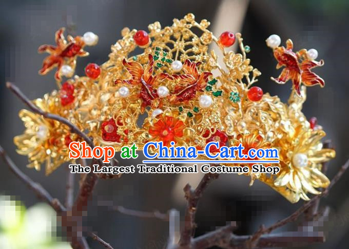 Chinese Traditional Handmade Goldfish Phoenix Coronet Ancient Hairpins Hair Accessories Complete Set for Women