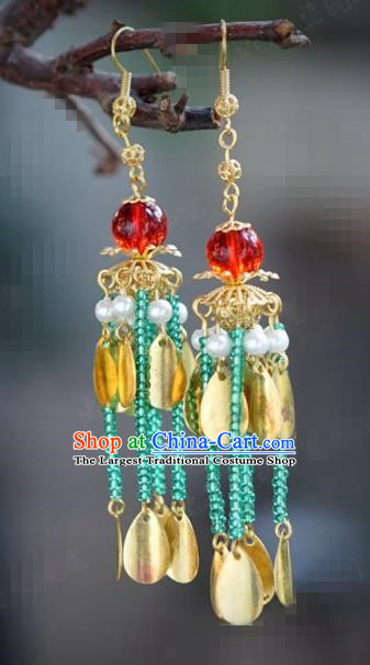 Chinese National Wedding Jewelry Accessories Handmade Traditional Green Beads Tassel Earrings for Women