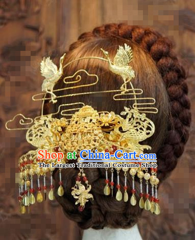 Chinese Traditional Hair Accessories Ancient Palace Golden Cranes Tassel Step Shake Bride Hairpins Headwear for Women