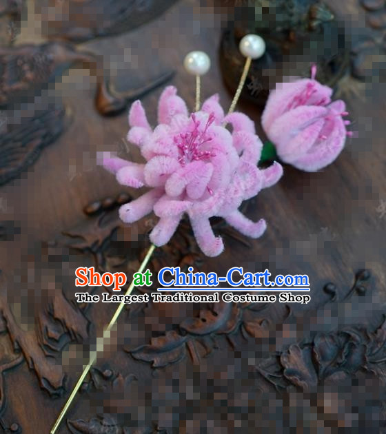 Chinese Traditional Hair Accessories Ancient Palace Pink Velvet Chrysanthemum Hairpins Headwear for Women