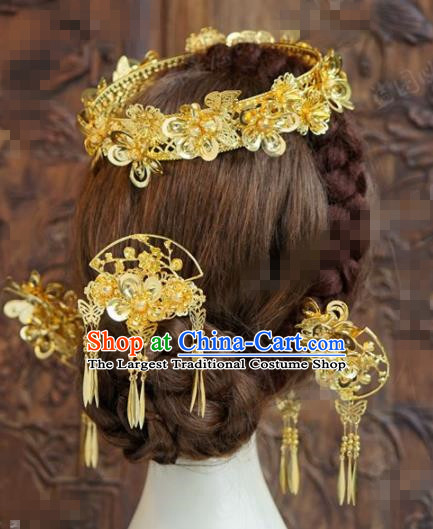Chinese Traditional Handmade Golden Hair Crown Ancient Hairpins Hair Accessories Complete Set for Women