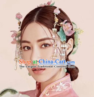 Chinese Traditional Palace Queen Hair Accessories Ancient Bride Pink Lotus Hairpins Headwear for Women