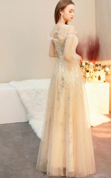 Top Grade Beige Full Dress Compere Modern Fancywork Costume Princess Wedding Dress for Women