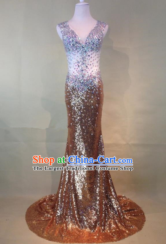Professional Compere Golden Diamante Full Dress Modern Dance Princess Wedding Dress for Women