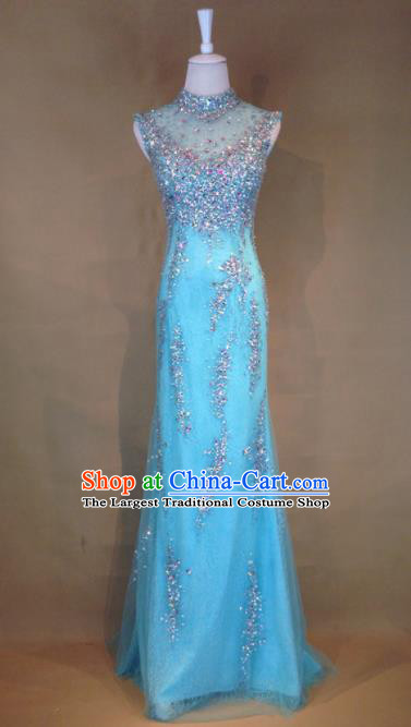 Top Grade Blue Veil Crystal Full Dress Compere Modern Fancywork Costume for Women