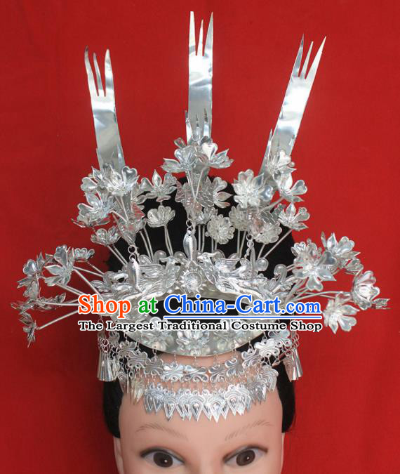 Chinese Traditional Ethnic Wedding Sliver Phoenix Coronet Miao Nationality Bride Hairpins for Women