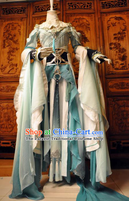 Chinese Traditional Cosplay Princess Costume Ancient Peri Swordswoman Blue Dress for Women